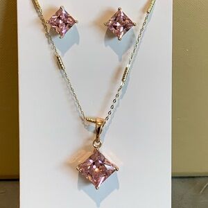 Elegant 14k Gold Plated Pink Gemstone Necklace and Earring Set